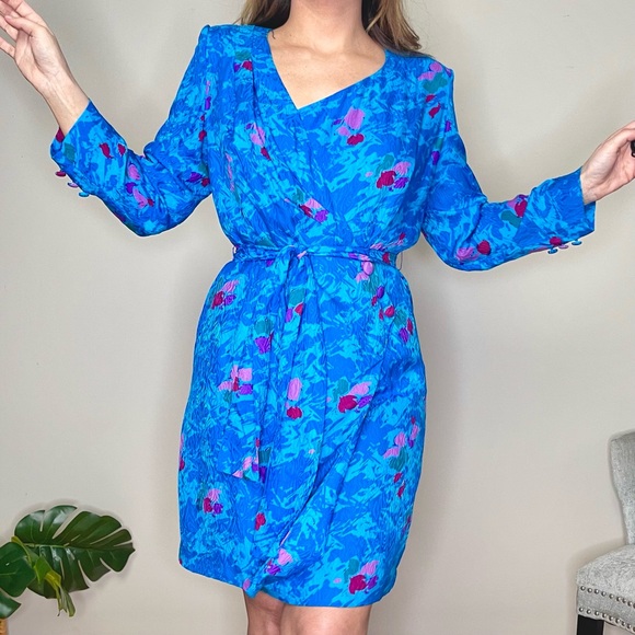 80s 100% Silk Vintage Bright Blue Faux Wrap Tie Waist Long Sleeve Dress (S/M) - Picture 2 of 4
